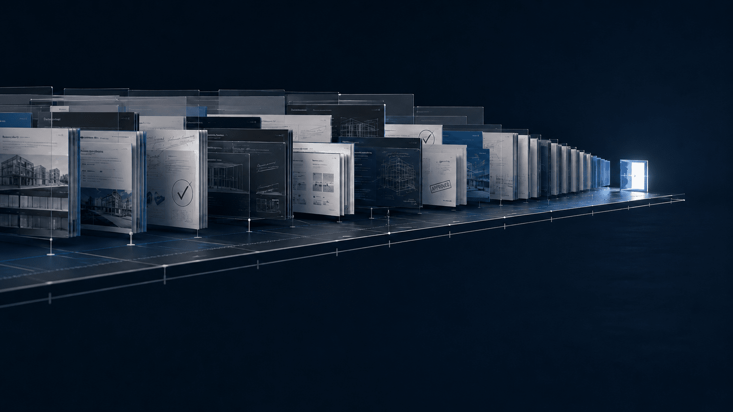 Digital planning deck pages and approval screens arranged in a long production sequence.