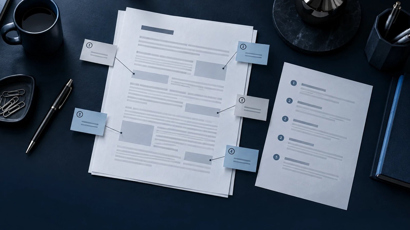 Press release draft with numbered callouts beside a question sheet on a dark desk.