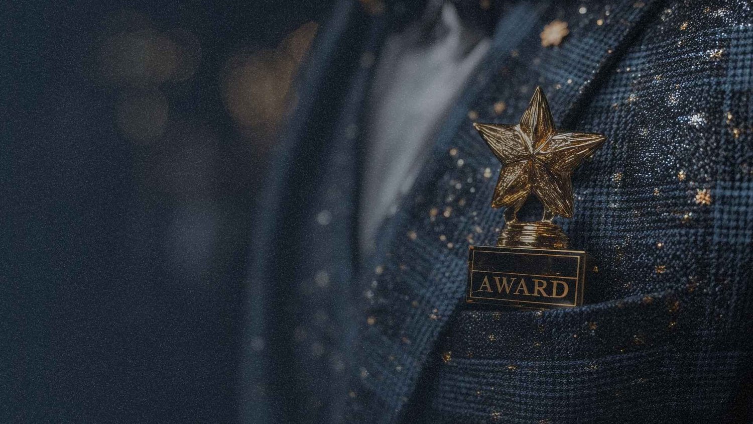Gold star trophy on a dark surface with scattered gold particles