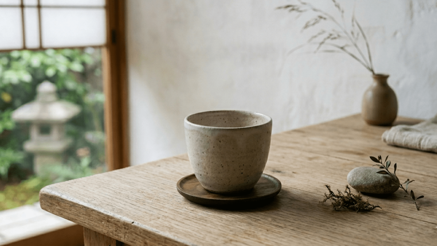 Ceramic cup on a wooden table beside a stone, plant arrangement and garden window.